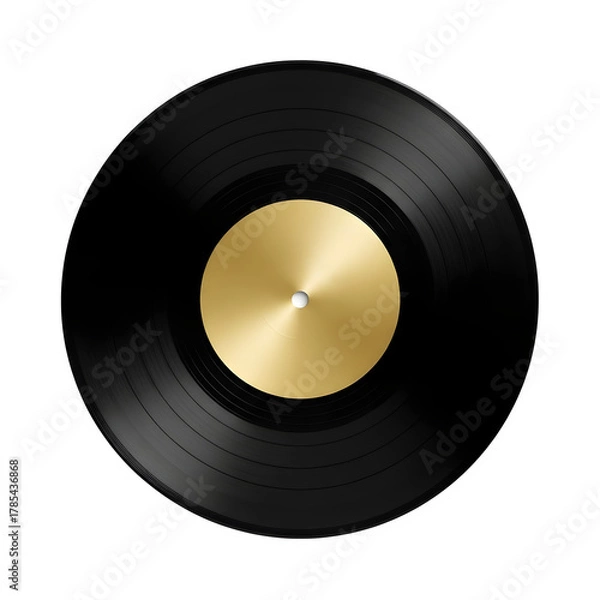 Fototapeta Close up view of a black vinyl record with a shiny gold label in the center against a black background