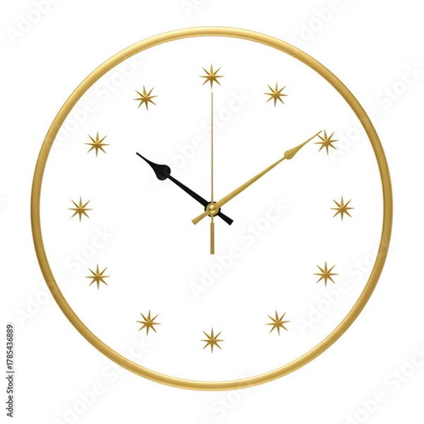 Fototapeta Elegant gold framed clock with sparkling star shaped hour markers on a dark black background