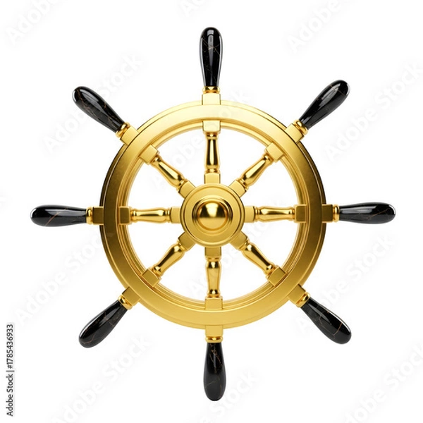 Fototapeta Shiny golden ship s wheel with black handles against a solid black background
