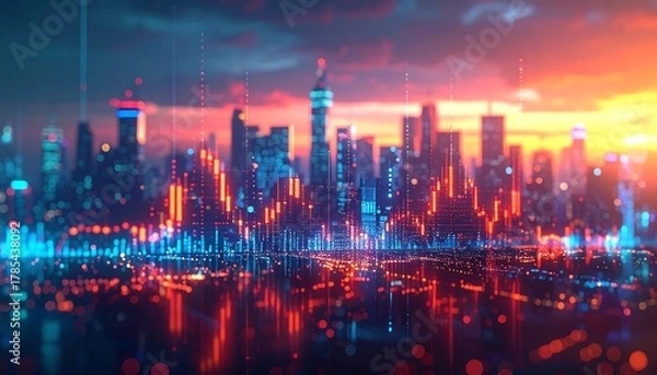 Fototapeta Futuristic Cityscape with Vibrant Lights and Reflections at Sunset.
