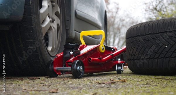 Obraz Red Hydraulic Floor Jack Under Car With Yellow Handle Beside Spare Tire On Ground