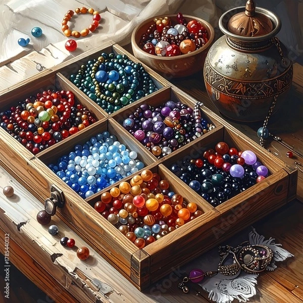 Fototapeta Assortment of colorful beads displayed in wooden box on table