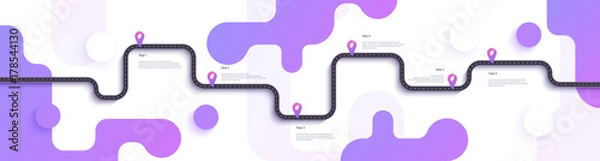Obraz Road map and journey route infographics template. Winding road timeline illustration. Flat vector illustration. Eps 10