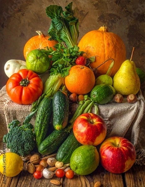 Fototapeta Assortment of colorful fruits and vegetables artfully arranged