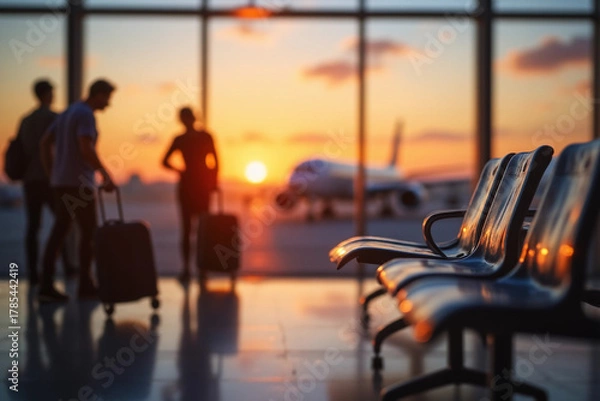 Fototapeta Defocused Background of Serene Sunset at Airport Terminal with Airplane in Background and Empty Waiting Chairs for Travelers. Blurred Background. 3d rendering.