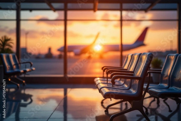 Fototapeta Defocused Background of Serene Sunset at Airport Terminal with Airplane in Background and Empty Waiting Chairs for Travelers. Blurred Background. 3d rendering.