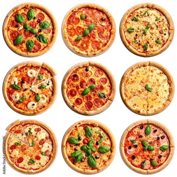 Fototapeta Assortment of freshly baked pizzas with various toppings, isolated