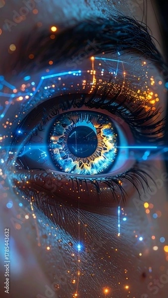 Fototapeta Futuristic Eye with Cityscape Reflection and Digital Overlay.