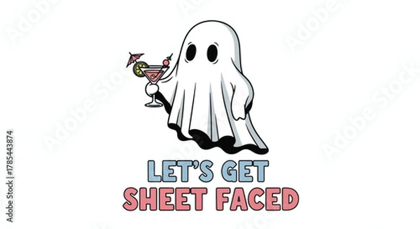 Obraz Funny ghost holding a cocktail with the text Lets Get Sheet Faced.