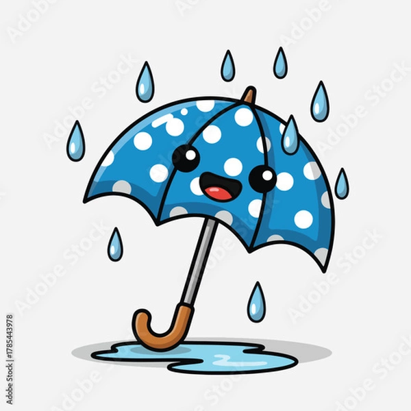Obraz Cute cartoon blue umbrella with white polka dots in the rain.