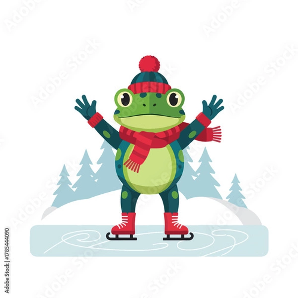 Obraz Cute cartoon frog ice skating in winter clothes.