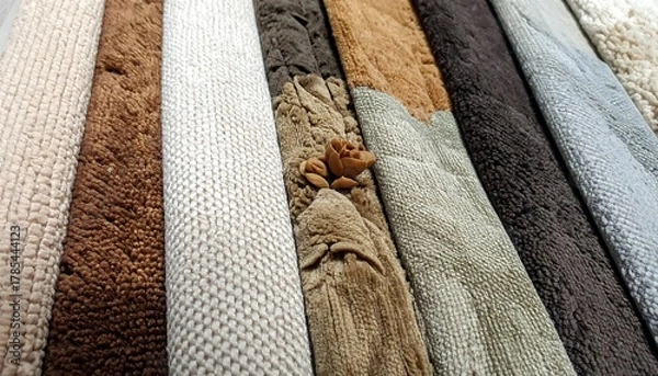 Fototapeta Assortment of various textured fabric rolls in a close-up view