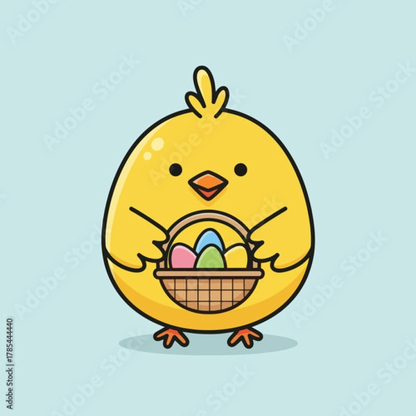 Obraz Cute Yellow Chick Holding Easter Eggs Basket.