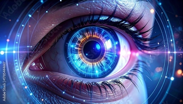 Fototapeta Futuristic eye with digital interface and glowing iris.