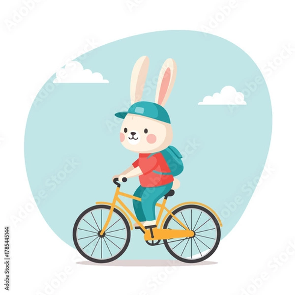 Obraz Cute cartoon rabbit riding a bicycle wearing a backpack and cap.