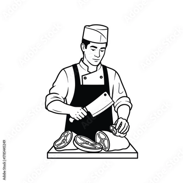 Obraz Butcher skillfully preparing meat with a large cleaver on a wooden board.