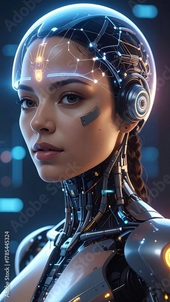 Fototapeta Futuristic Female Android with Transparent Helmet and Intricate Cybernetic Details.
