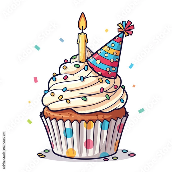 Obraz A festive birthday cupcake with a lit candle and party hat.