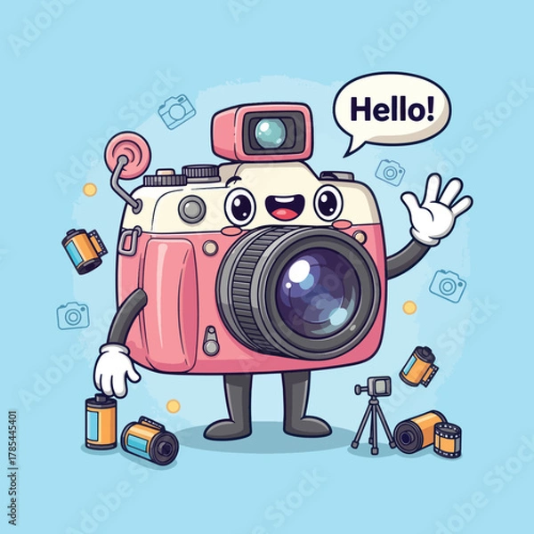 Obraz Cute cartoon camera character waving hello with a friendly smile.