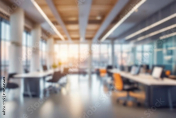 Fototapeta Blurred empty open space office. Abstract light bokeh at office interior background