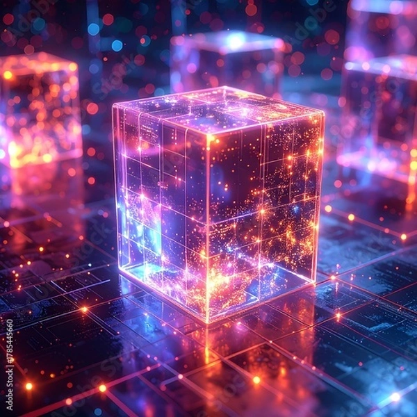 Fototapeta Futuristic Glowing Cube with Circuit Board and Galaxy Inside.