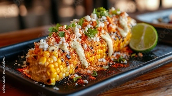 Obraz Grilled corn on the cob coated with mayonnaise, cotija cheese, chili powder, and lime, served on a street-style plate.