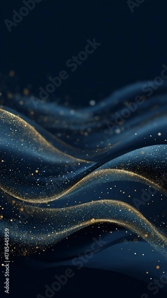 Obraz Abstract dark blue background with flowing golden lines and sparkling particles, creating a luxurious and elegant visual effect for modern designs