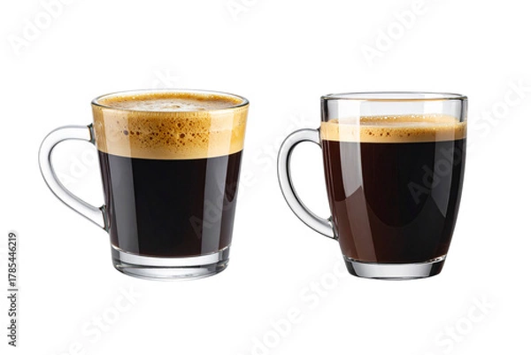 Fototapeta black coffee cup with a layer of foam in glass isolated on white background.