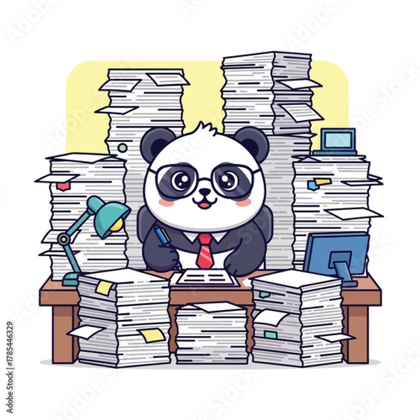 Obraz Cute Panda Businessman Working Hard Surrounded by Stacks of Paperwork.