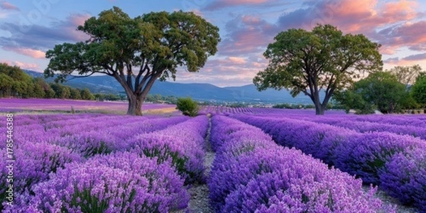 Fototapeta a beautiful lavender field in full bloom at sunset, with rows of purple flowers stretching as far as the eye can see