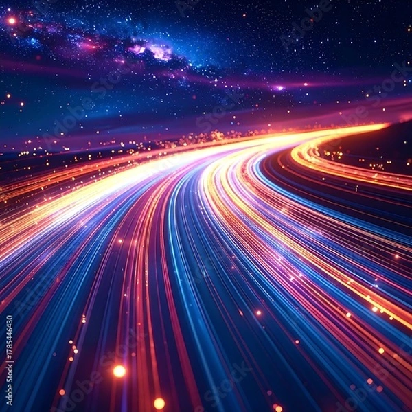 Fototapeta Futuristic Highway at Night with Light Streaks and Galaxy.