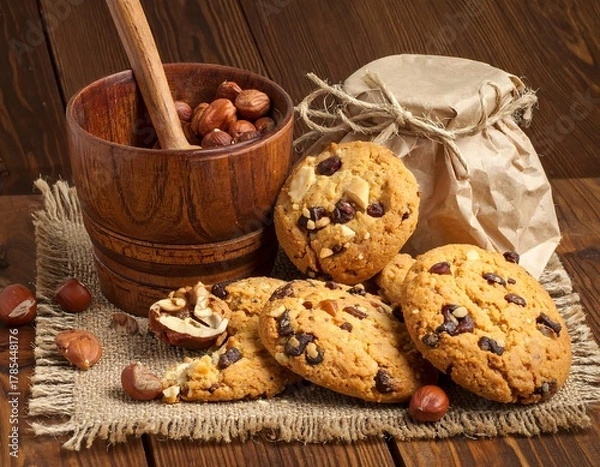 Fototapeta Baked cookies and hazelnuts with wooden bowl and jar on a wooden table