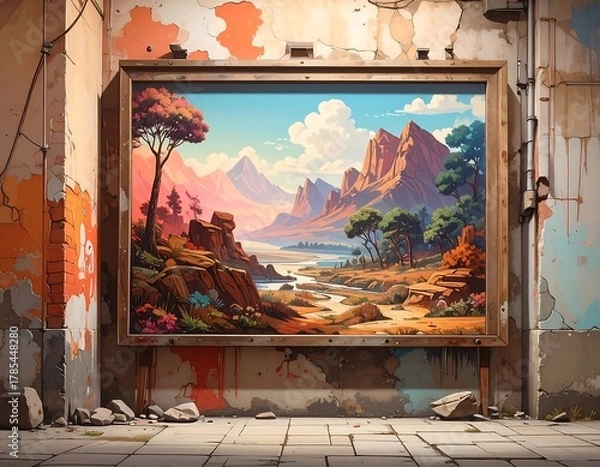 Fototapeta Scenic landscape art piece on a weathered wall with crumbling paint