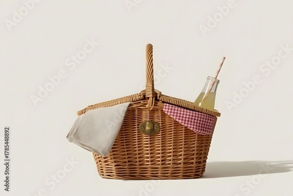 Fototapeta Classic wicker picnic basket with handle, carrying a bottle of lemonade and a checkered blanket, ready for a summer outing.