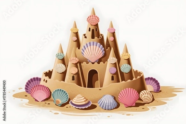Fototapeta Ornate sandcastle decorated with colorful seashells, a symbol of summer fun and beach holidays