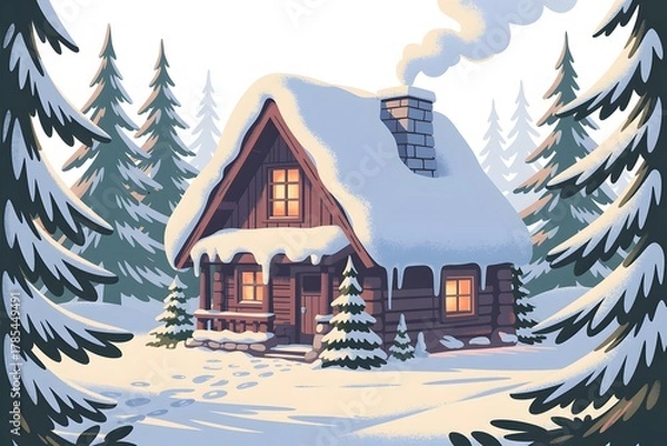 Fototapeta Winter wonderland scene: cozy snow-covered log cabin nestled in a tranquil forest