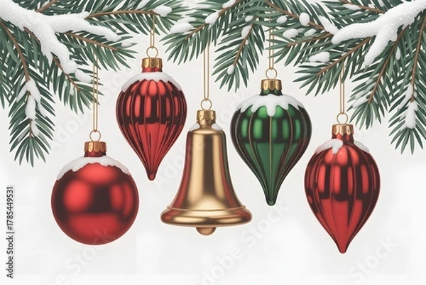 Fototapeta Festive snow-dusted fir branches with shimmering christmas ornaments and bell