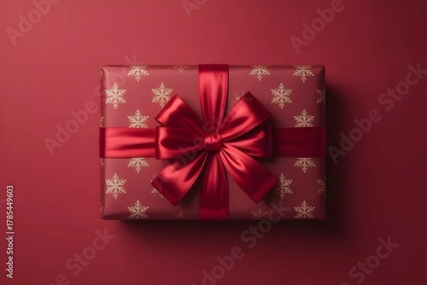 Fototapeta Elegant red gift box, golden snowflake pattern, shiny satin bow on solid red