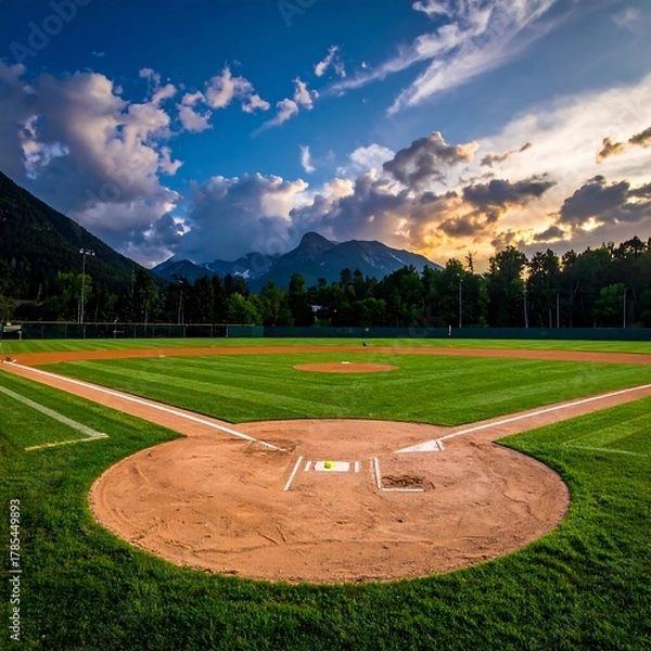 Fototapeta Baseball field at dusk with mountains and dramatic clouds