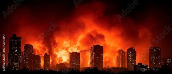Fototapeta An intense atmosphere, an urban disaster emergency situation, a city skyscraper blazing with spectacular flames and dense smoke at night, and a dramatic cityscape