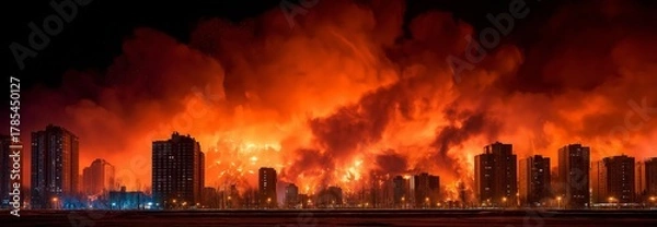 Fototapeta An intense atmosphere, an urban disaster emergency situation, a city skyscraper blazing with spectacular flames and dense smoke at night, and a dramatic cityscape