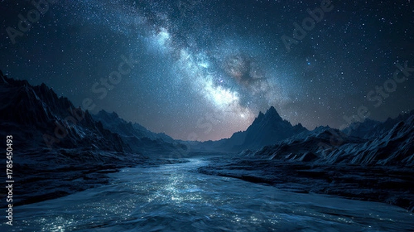 Fototapeta 神秘的な満天の星と輝く川の風景