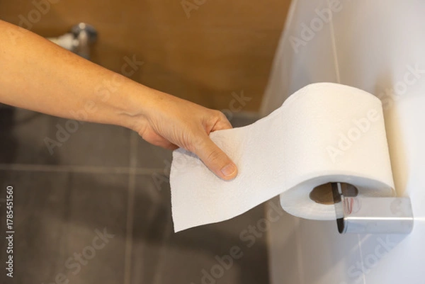Obraz Personal Hygiene Concept: Close-up of Female Hand Tearing off a Sheet of Tissue from a Toilet Roll.
