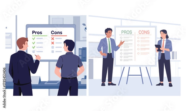 Fototapeta Business team evaluating pros and cons, making strategic decisions effectively