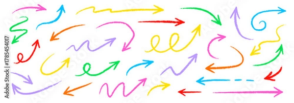 Fototapeta Arrow crayon pastel pencil chalk color line stroke. Sketch chalk pastel color pencil texture line kid fun arrow icon. Hand drawn grunge crayon pencil brush direction elements. Vector illustration