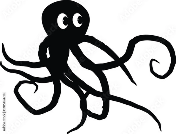 Fototapeta Whimsical black silhouette of a cute cartoon octopus with big eyes and wavy tentacles