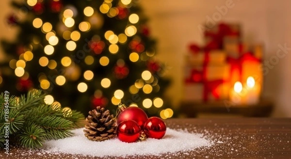 Fototapeta Festive Holiday Arrangement Beneath a Twinkling Tree with Glowing Lights