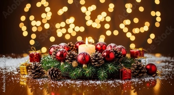 Fototapeta Adorned festive centerpiece with glowing candle amidst winter bokeh lights