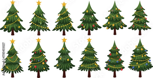 Obraz Twelve decorated christmas trees with stars ornaments and lights green pine