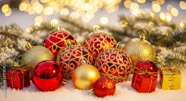 Fototapeta vibrant baubles and festive gifts nestled in snow with twinkling lights
